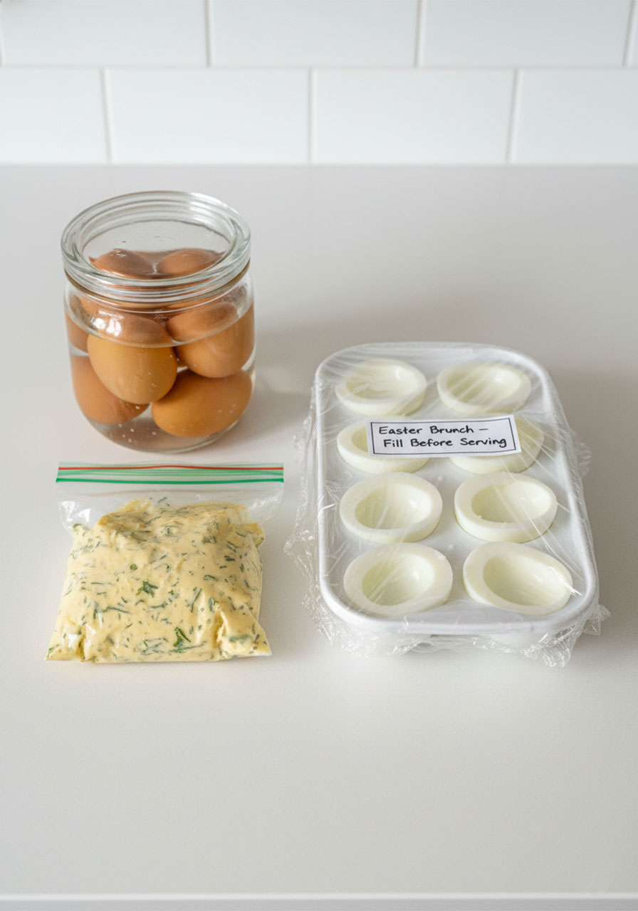 Make-ahead deviled eggs storage setup showing boiled eggs in water, filling in a bag, and covered tray