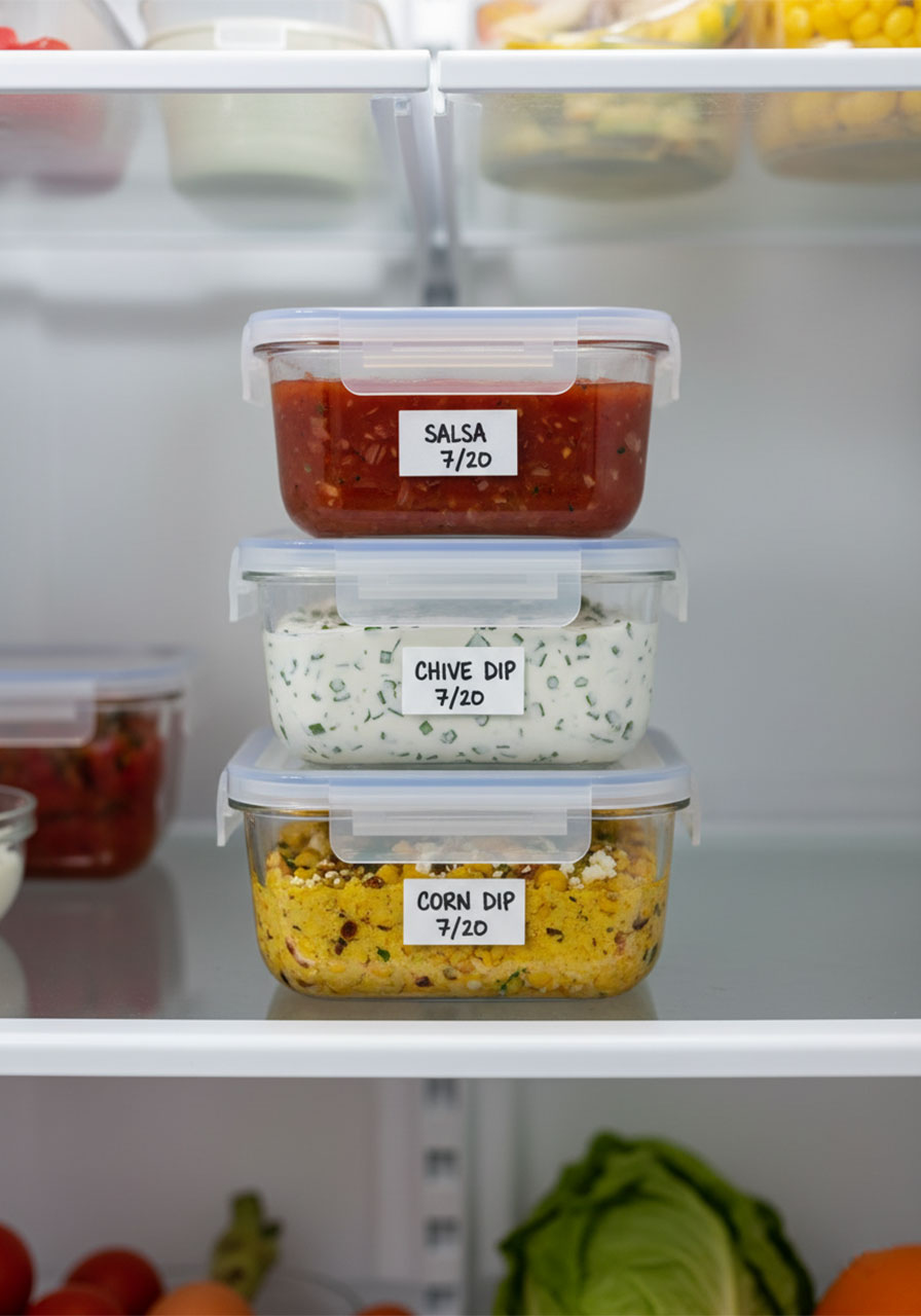 Three labeled glass meal prep containers filled with party dips stored in a refrigerator for make-ahead party planning