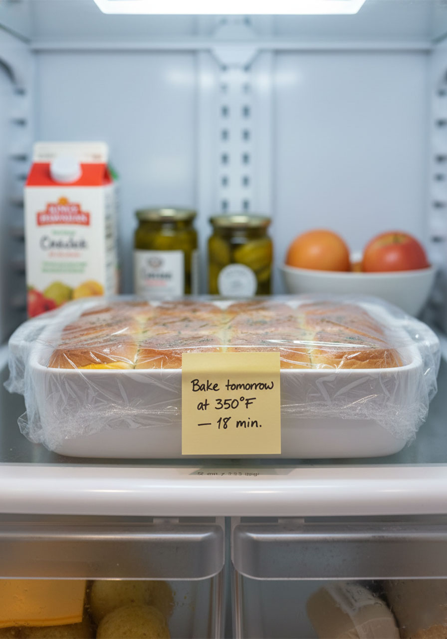 Assembled mini grilled cheese Hawaiian roll sliders covered with plastic wrap in the refrigerator for make-ahead party prep
