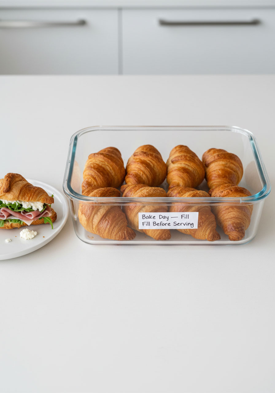 Baked unfilled mini croissants stored in a clear airtight glass container for make-ahead party food preparation