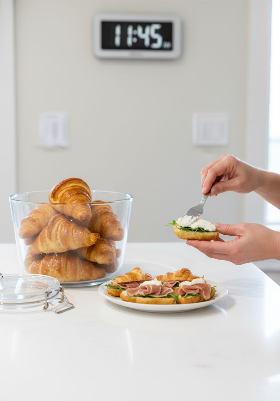 Assembling make-ahead mini croissants with cream cheese filling on party day from pre-baked puff pastry shells