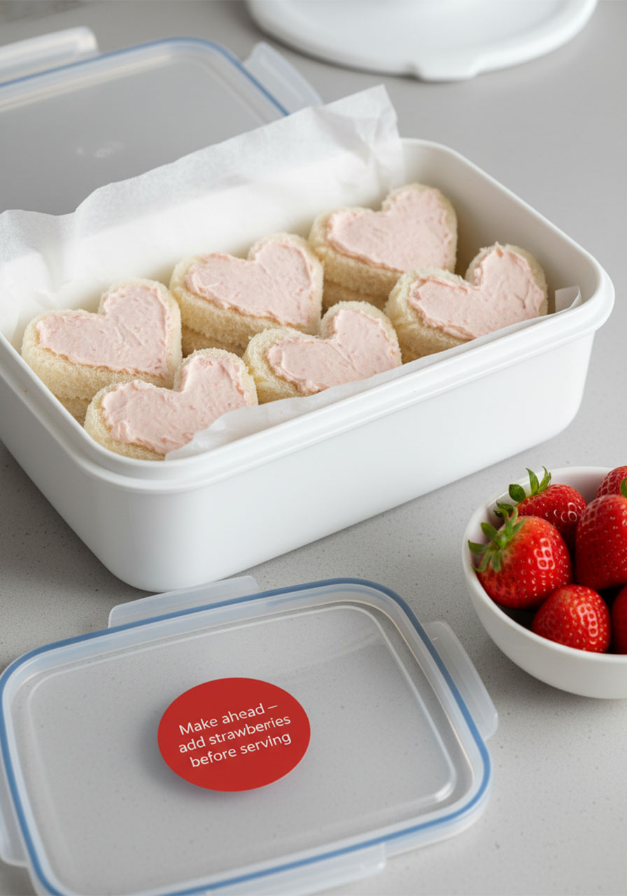 Heart-shaped tea sandwich bread pieces stored in an airtight container with wax paper for make-ahead prep, fresh strawberries beside them