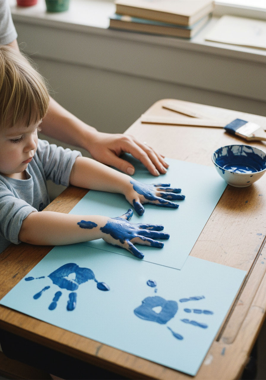 Mother helping young child press blue paint-covered hands onto cardstock to create handprints for DIY Father's Day card