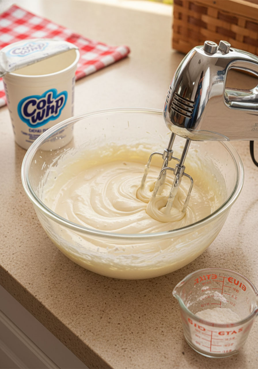Mixing cream cheese and powdered sugar with a hand mixer to make no-bake Oreo cheesecake cup filling