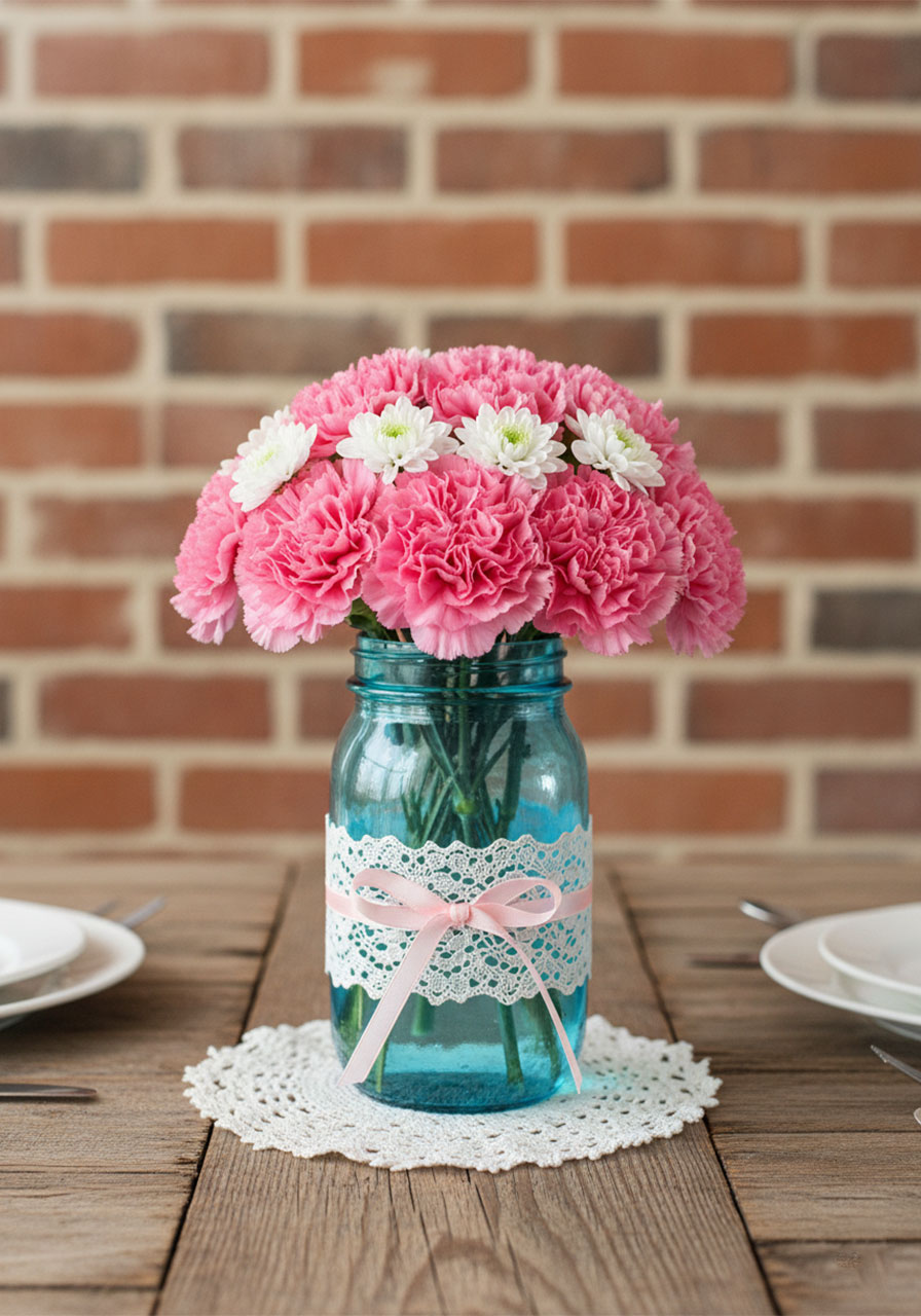 Blue mason jar wrapped in lace with pink carnations as a DIY tea party centerpiece on a doily