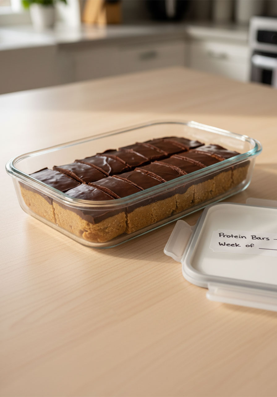 Homemade no bake vegan protein bars stored in a glass meal prep container for the week