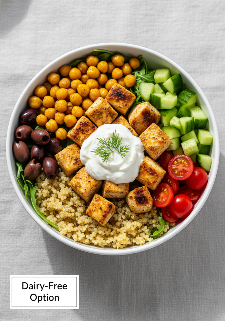 Mediterranean lemon dill chicken bowl customization with quinoa base, roasted chickpeas, arugula, and dairy-free tzatziki