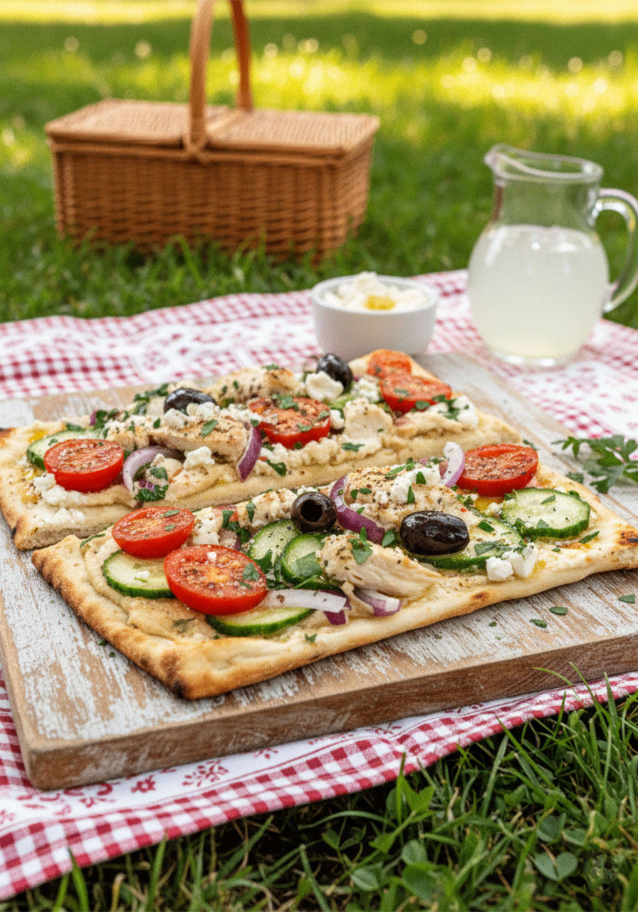 Mediterranean chicken flatbread with hummus base, cherry tomatoes, cucumber, feta cheese, olives, and fresh parsley on marble platter