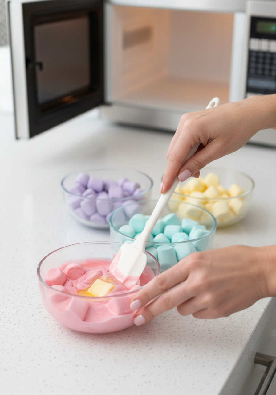 Four bowls of Campfire FruitSwirler marshmallows sorted by color being melted with butter for unicorn marshmallow popcorn recipe