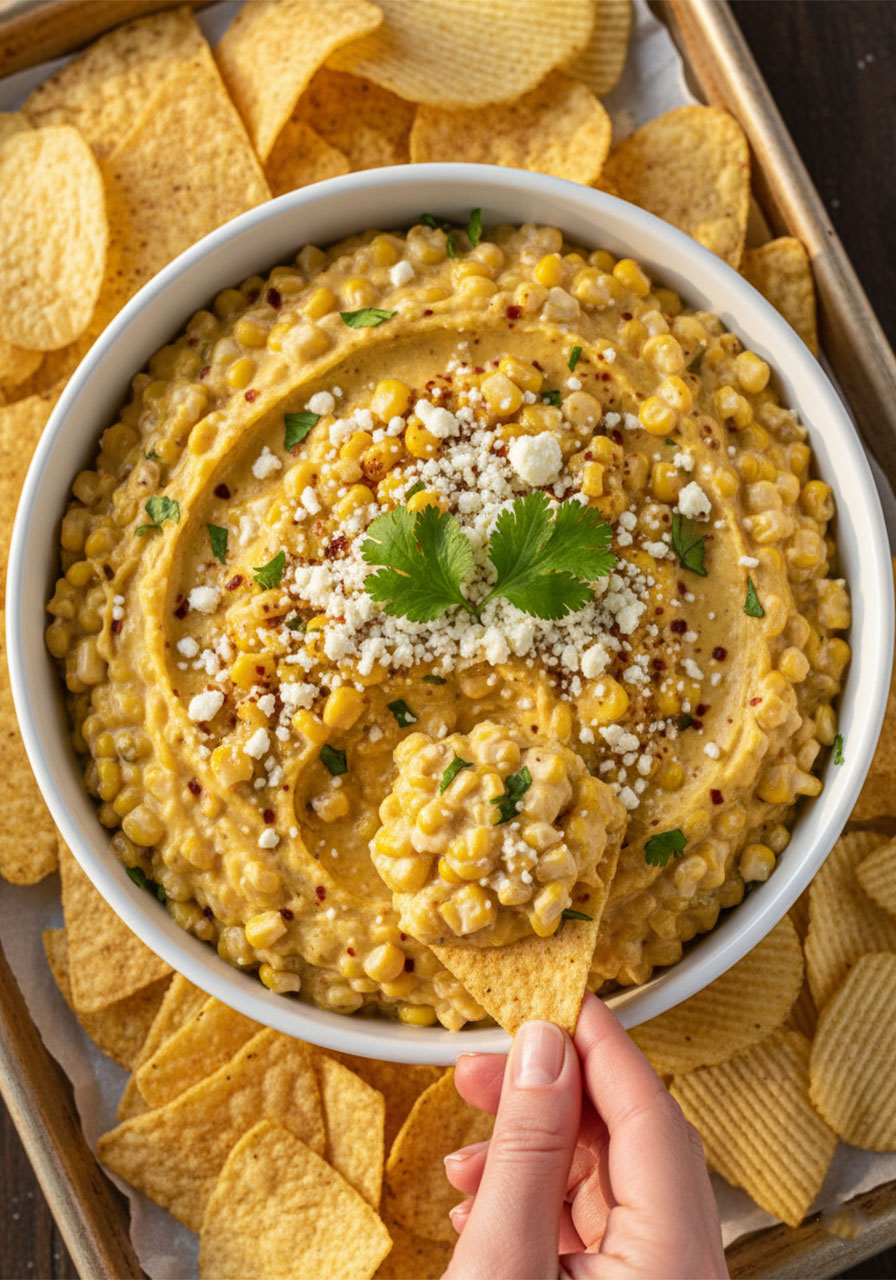 A bowl of Mexican street corn dip with cotija cheese and cilantro garnish on a chips and dip party platter