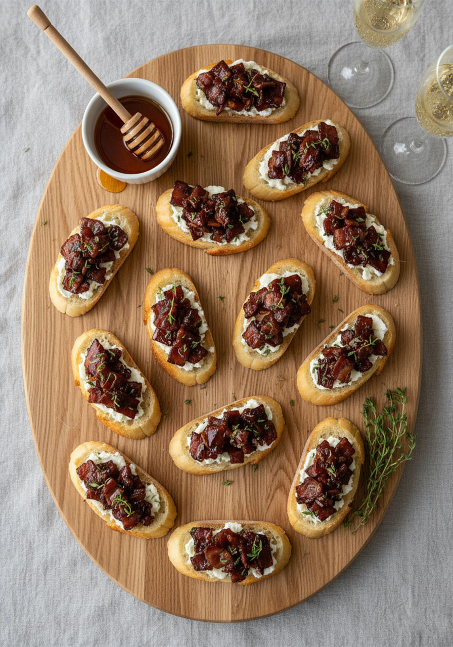Million dollar bacon crostini party appetizer platter with hot honey on a wooden board perfect for entertaining