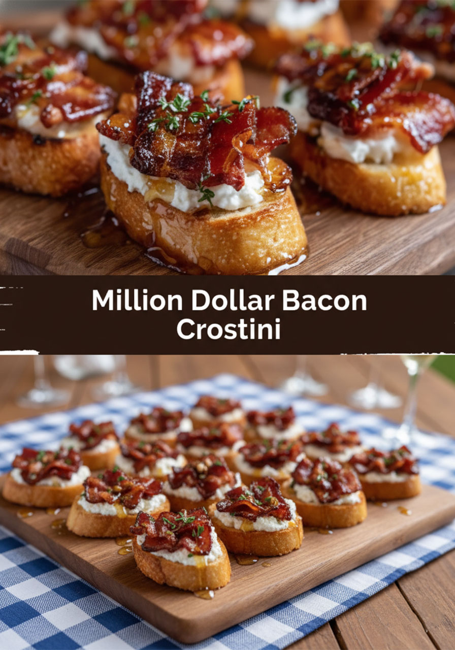 Million dollar bacon crostini easy fancy party appetizer with candied bacon goat cheese and honey drizzle