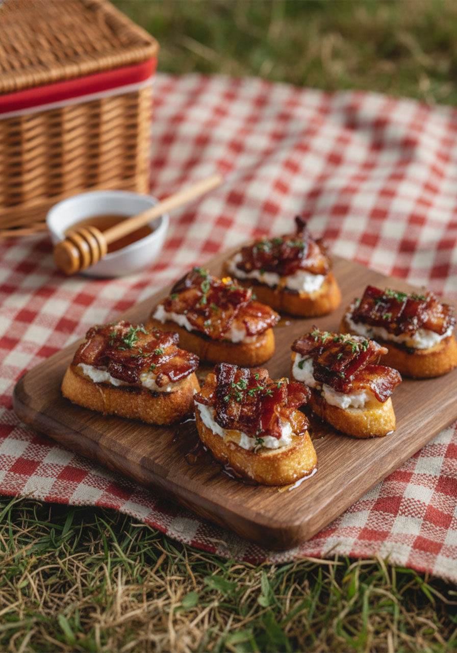Million dollar bacon crostini with candied bacon, goat cheese, and honey drizzle on a wooden serving board	