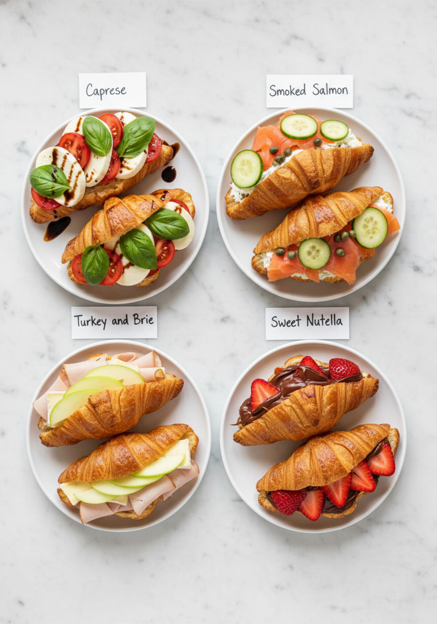 Four mini croissant filling variations including caprese smoked salmon turkey brie and Nutella strawberry displayed on white plates