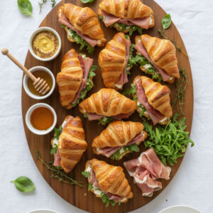 Full party snack tray spread with mini croissants prosciutto arugula cream cheese honey mustard and fresh herbs for entertaining