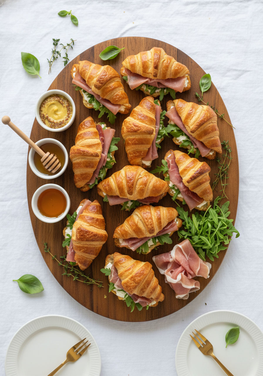 Full party snack tray spread with mini croissants prosciutto arugula cream cheese honey mustard and fresh herbs for entertaining