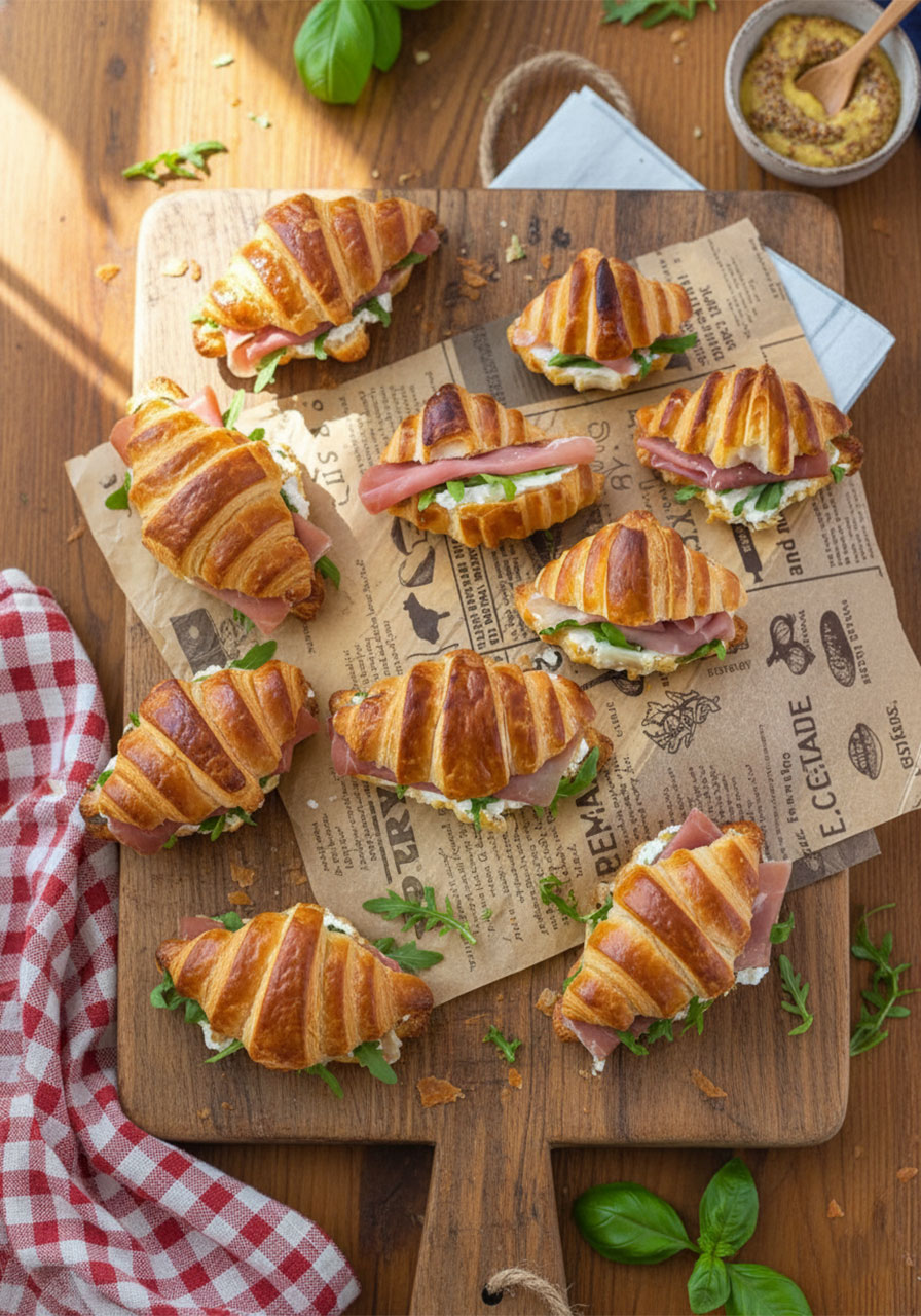 Mini croissants for parties arranged on a rustic wooden board with prosciutto arugula and cream cheese filling