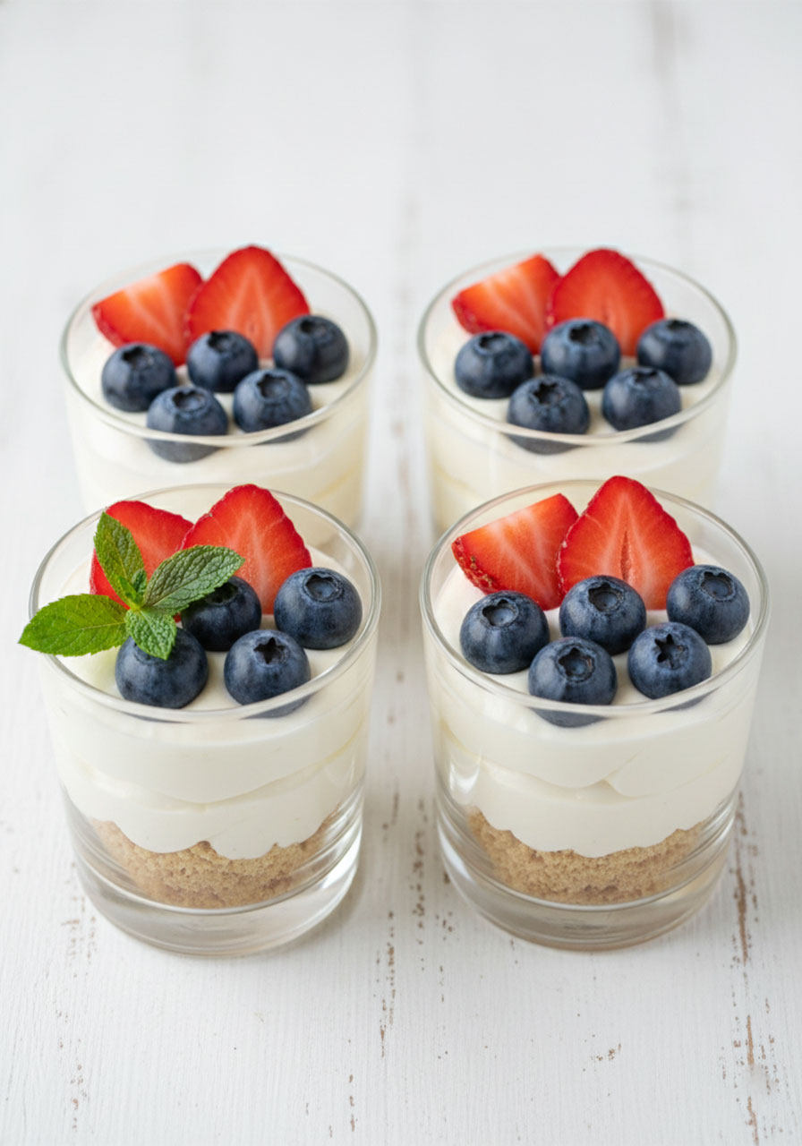Mini no-bake cheesecake dessert cups in clear glasses with graham cracker base, cream cheese filling, and fresh berries — easy tea party sweet