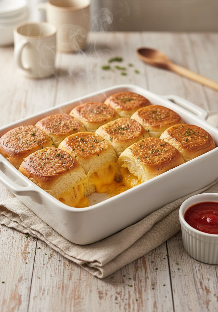 Mini grilled cheese Hawaiian rolls fresh out of the oven in a baking dish, golden tops glistening with garlic herb butter