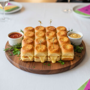 Mini grilled cheese Hawaiian roll sliders arranged on a wooden party serving board with marinara and honey mustard dipping sauces