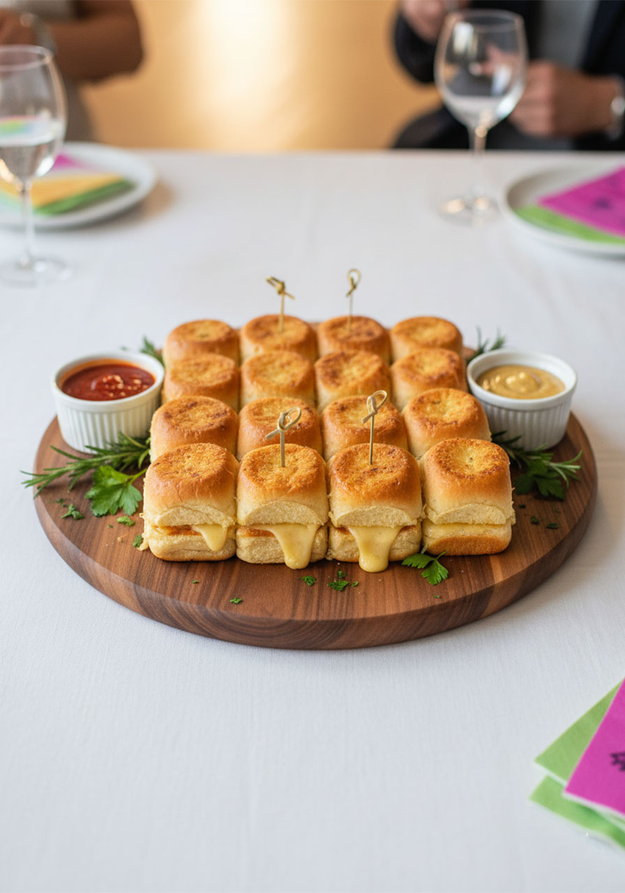 Mini grilled cheese Hawaiian roll sliders arranged on a wooden party serving board with marinara and honey mustard dipping sauces