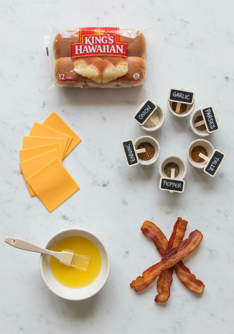 All ingredients for mini grilled cheese Hawaiian roll sliders laid out flat including rolls, cheddar cheese, butter, and turkey bacon
