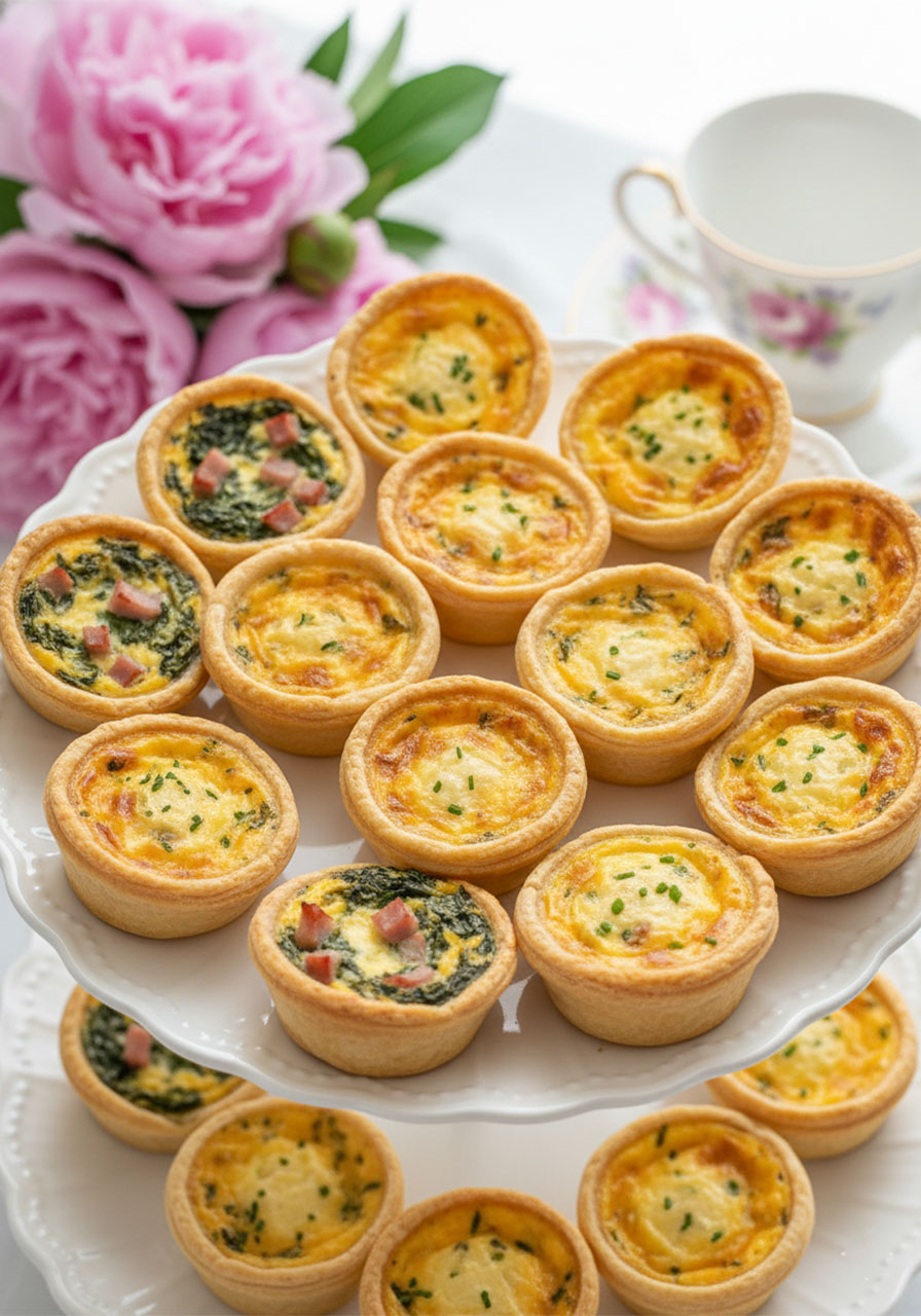 Mini quiches in golden puff pastry cups on white scalloped cake stand with spinach, ham, and cheese fillings, perfect tea party savory bites for guests of all ages