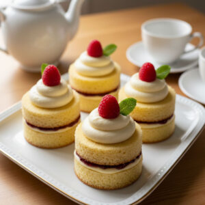 Four mini Victoria cakes on a white serving platter alongside a teapot and teacups for an afternoon tea party