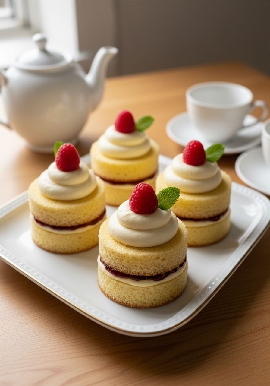 Four mini Victoria cakes on a white serving platter alongside a teapot and teacups for an afternoon tea party