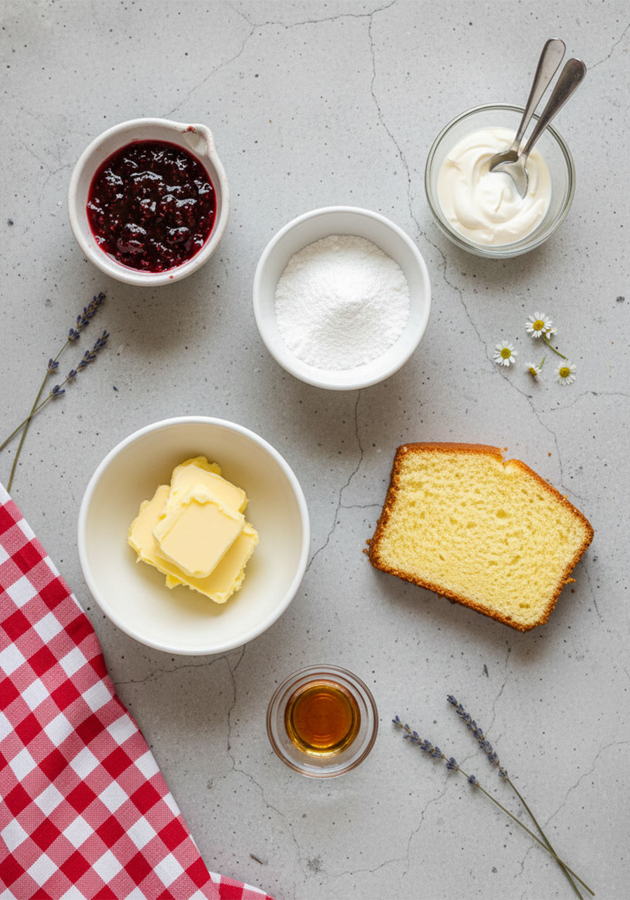 Six ingredients for mini Victoria cakes including store-bought pound cake, butter, powdered sugar, heavy cream, vanilla extract, and raspberry jam