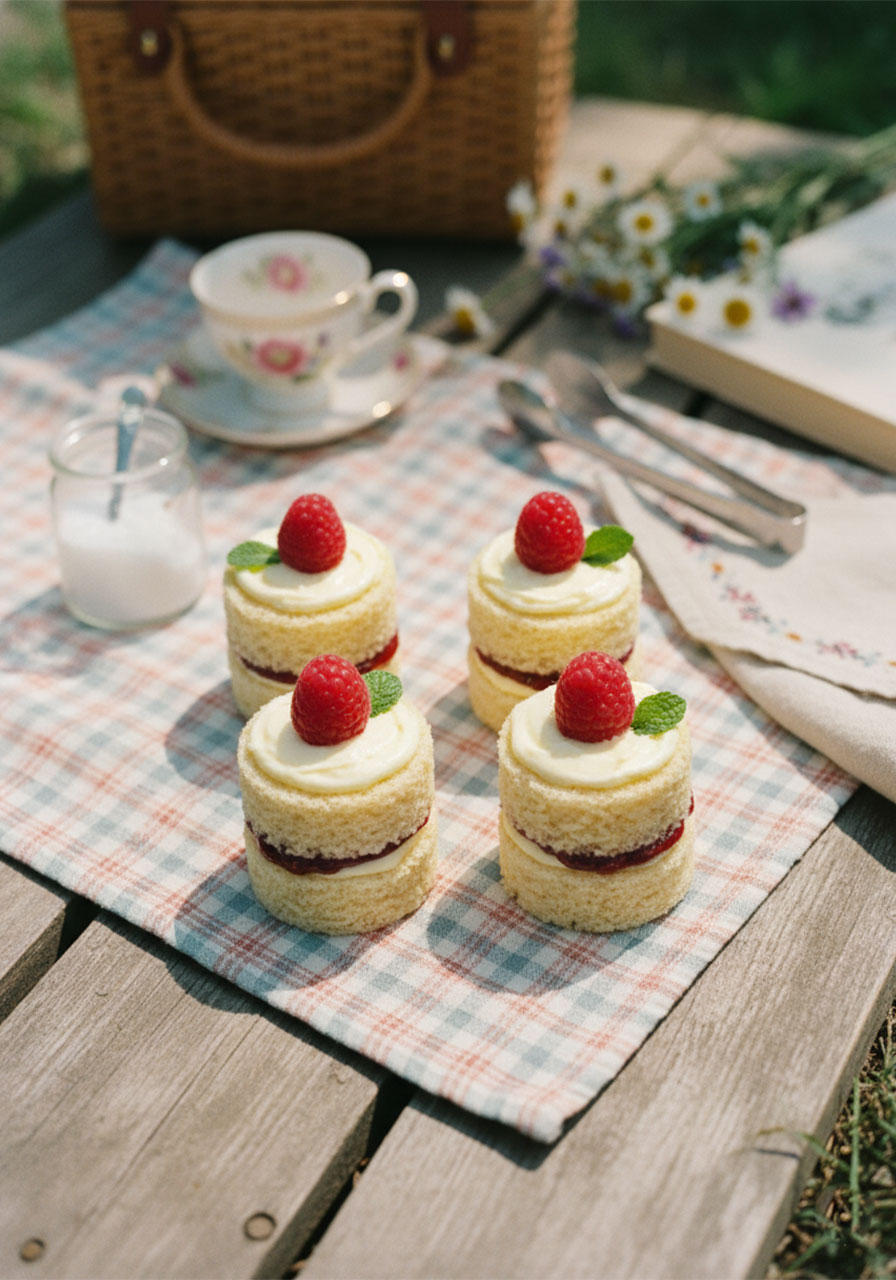 Four mini Victoria cakes with buttercream and raspberry jam on marble surface for afternoon tea