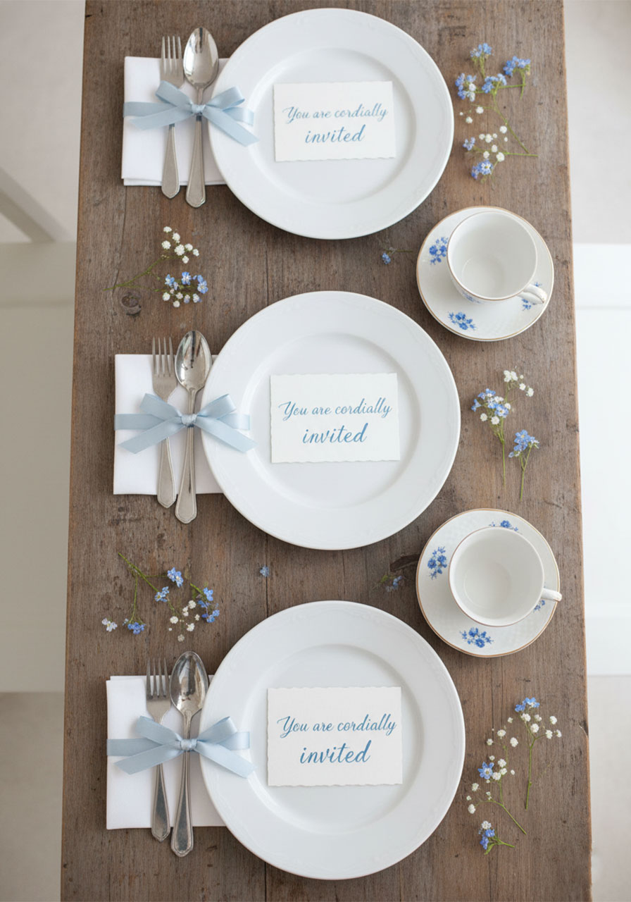 Minimalist tea party place setting with white plates and silver cutlery tied with blue satin ribbons.