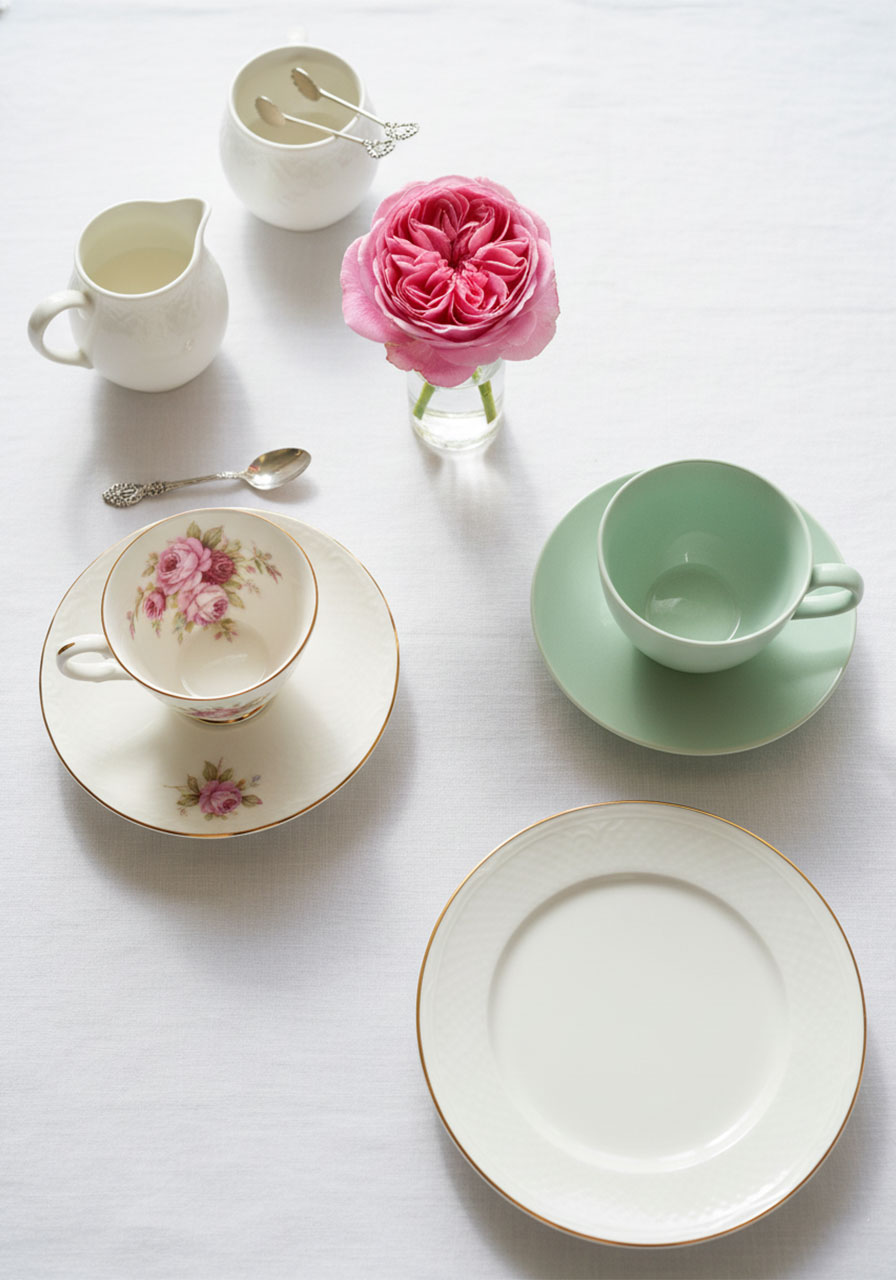 Charming mismatched teacup table setting for afternoon tea at home with vintage floral and mint green china