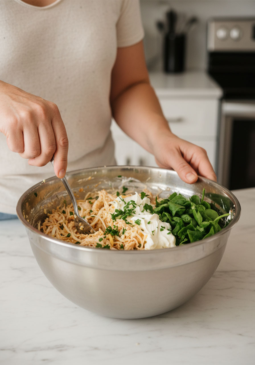 Adult woman mixing cheesy garlic chicken and cream cheese filling in a bowl for low carb wraps