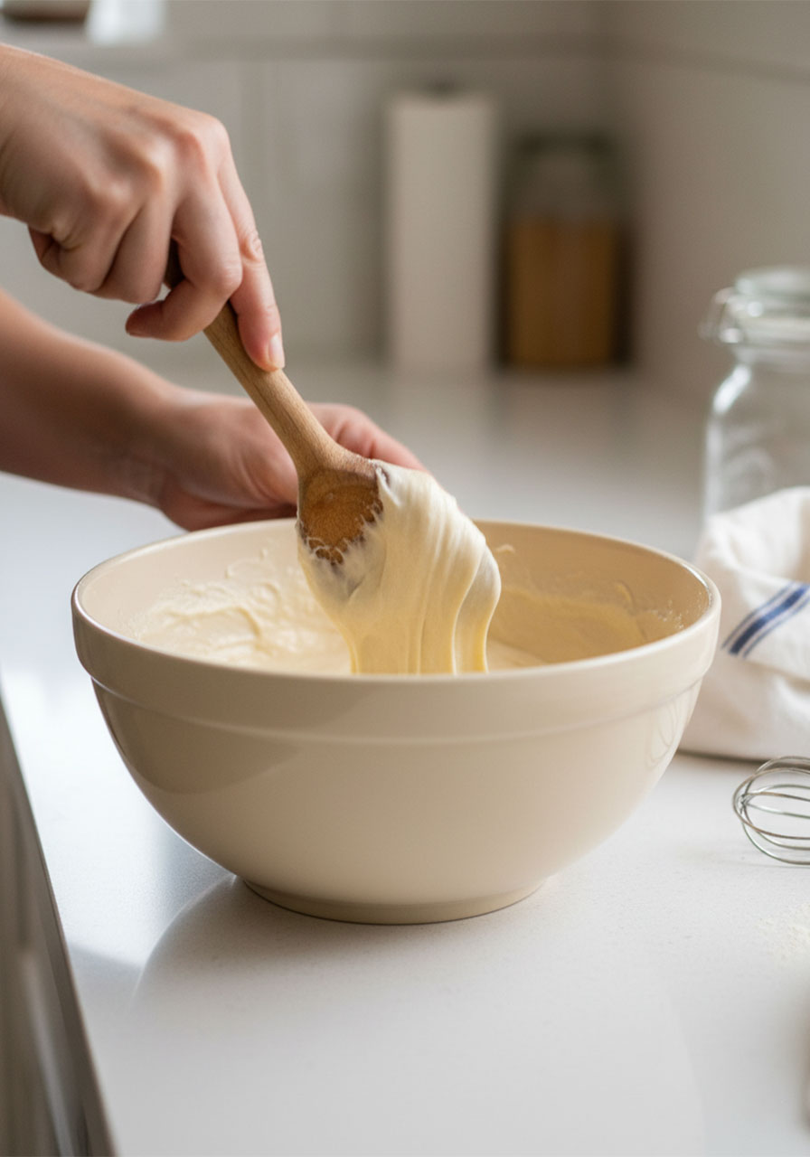 Hands mixing sticky no knead gluten free bread dough in ceramic bowl with wooden spoon
