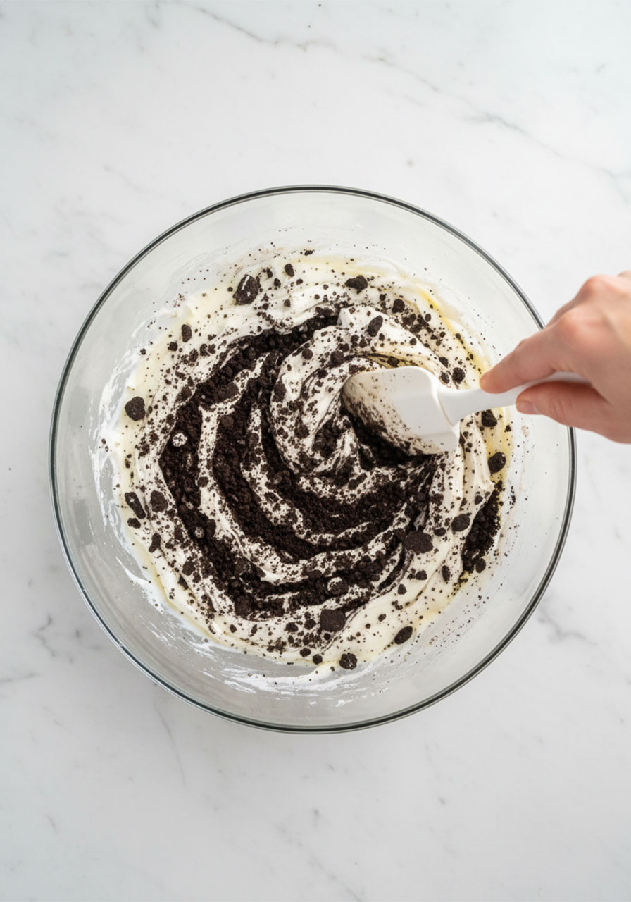 Mixing crushed Oreo cookie crumbs into softened cream cheese in a glass bowl — step 3 for no-bake Oreo protein balls