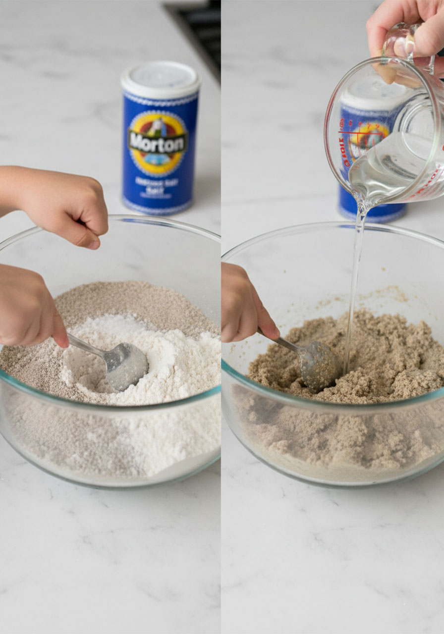 Mixing beach sand clay dough by combining dry ingredients then adding warm water for DIY handprint keepsake