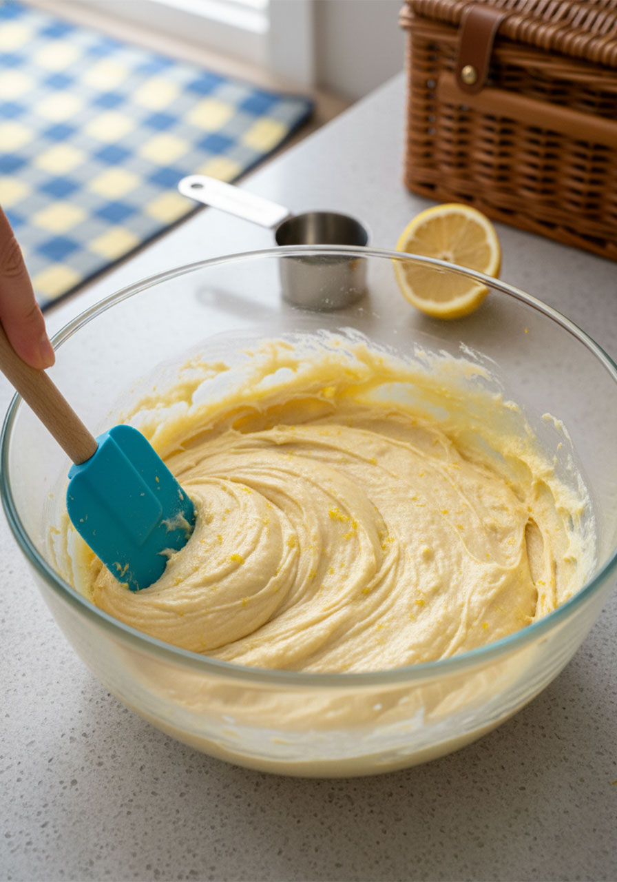 Mixing sugar free lemon cookie dough made with almond flour and lemon zest in a clear glass bowl using a blue silicone spatula