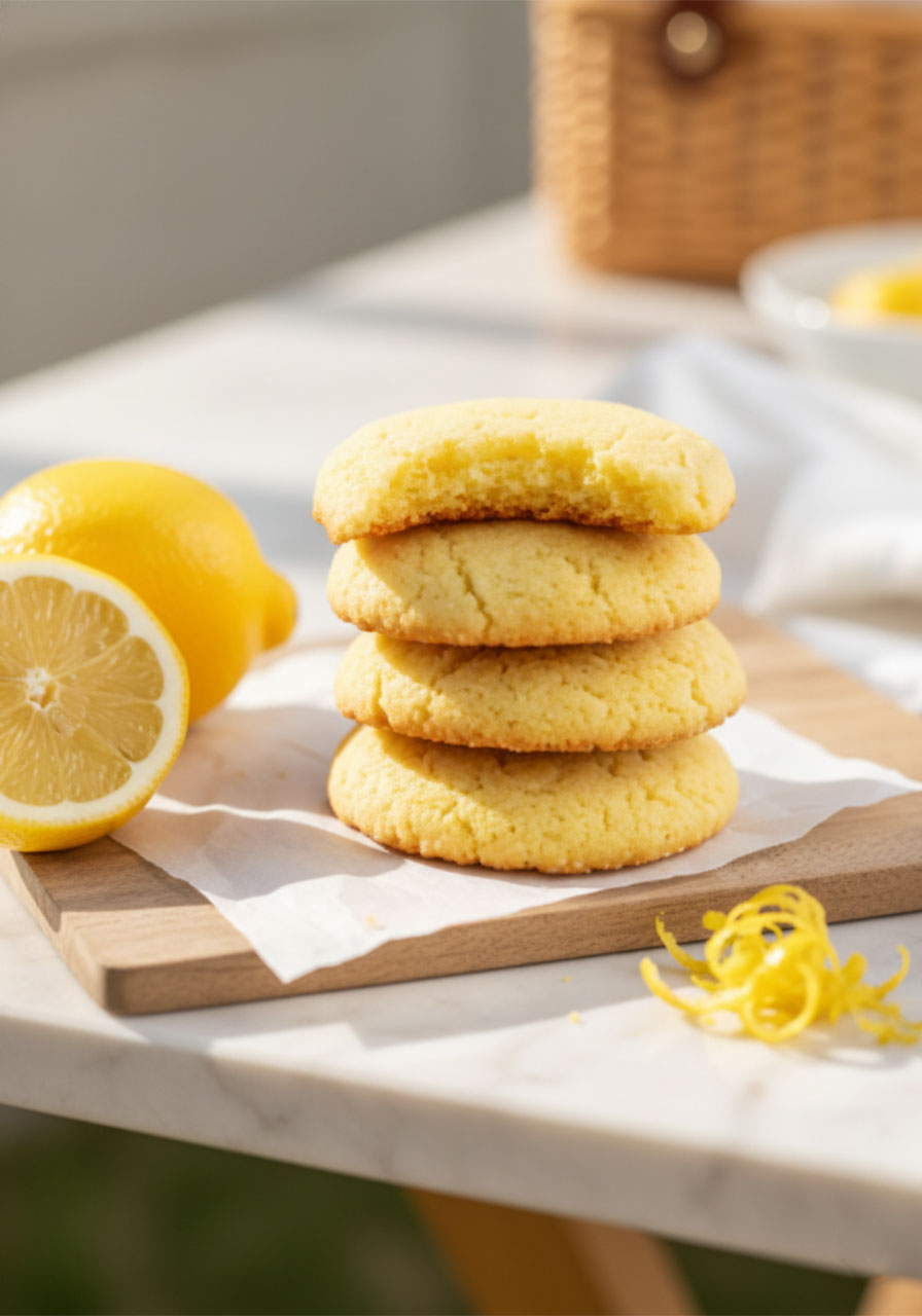 Stack of moist sugar free lemon cookies on parchment paper with fresh lemon props