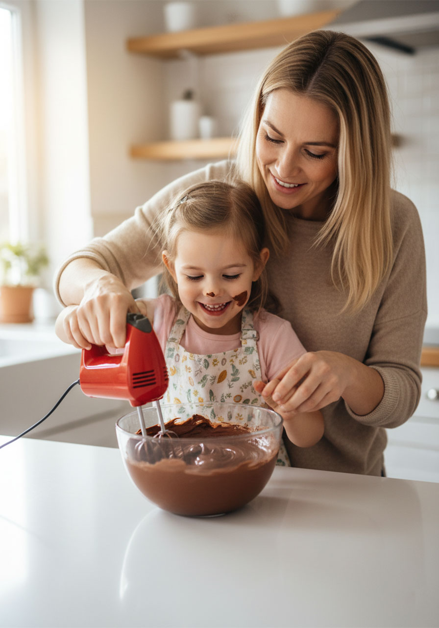 Mom and child making easy keto chocolate mousse together in the kitchen