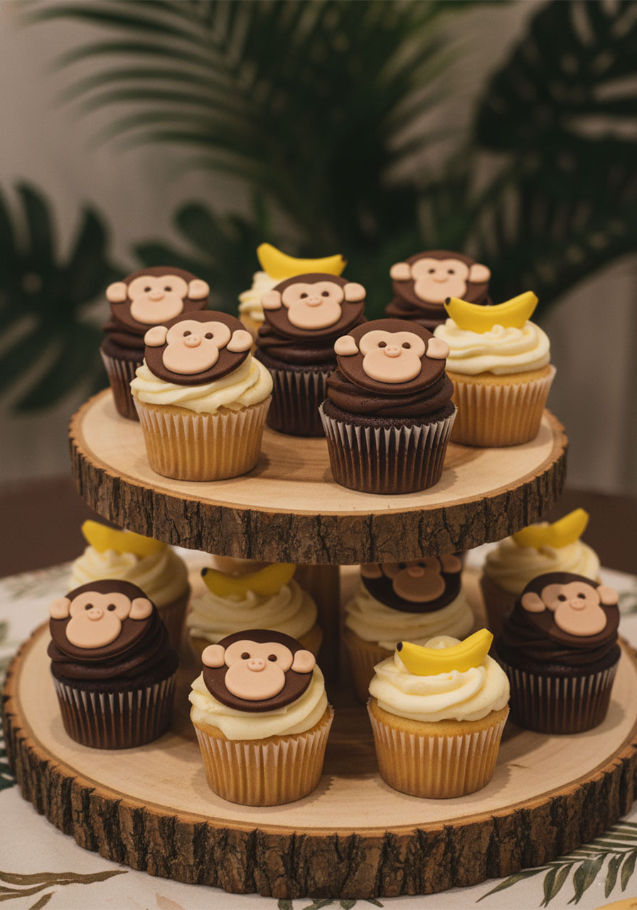 Two tier display of monkey face cupcakes with banana fondant decorations on wood slice stands, fun animal themed birthday snacks for kids	