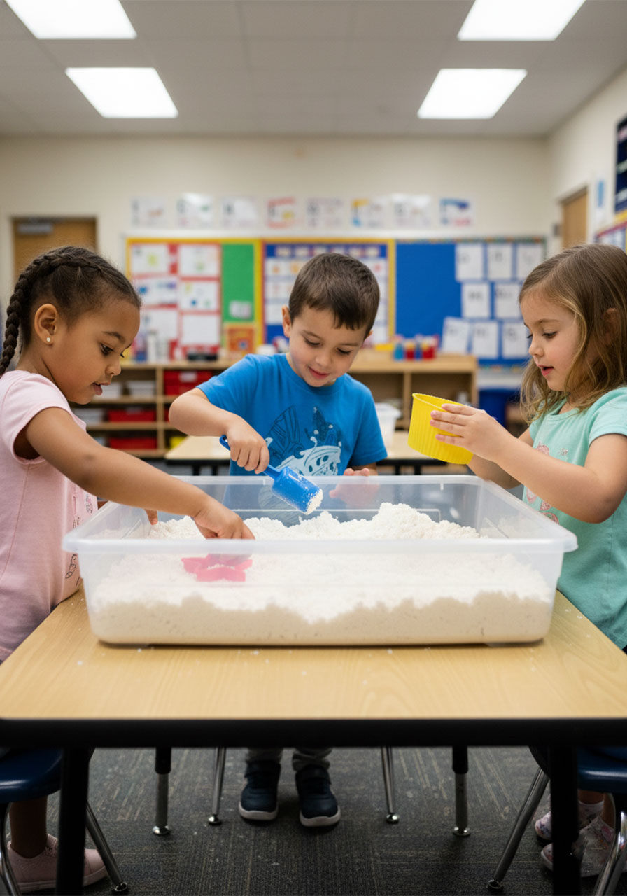 Three young children playing at a classroom moon sand sensory activity table