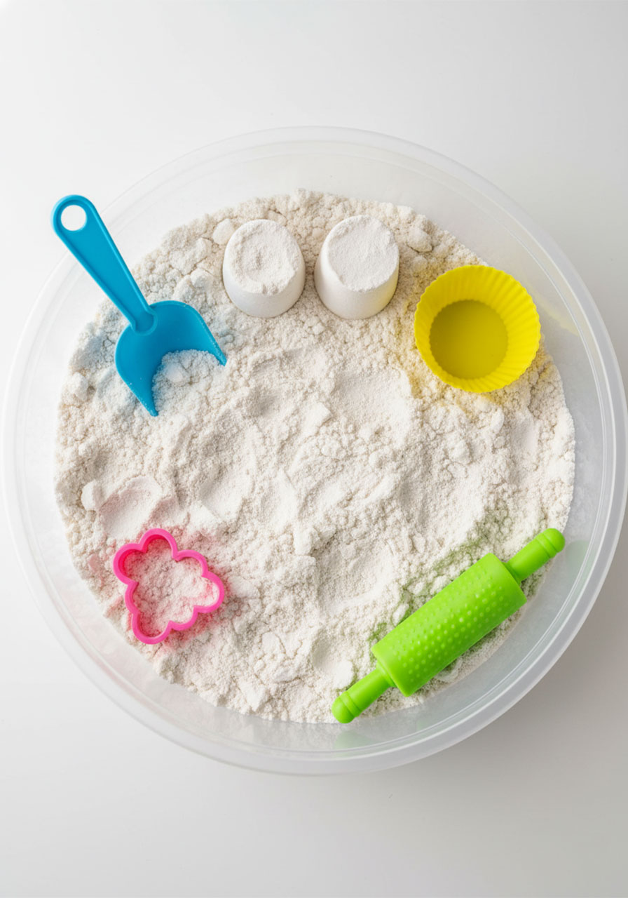 Overhead view of a moon sand play bin with molds, spade, and cookie cutters for kids