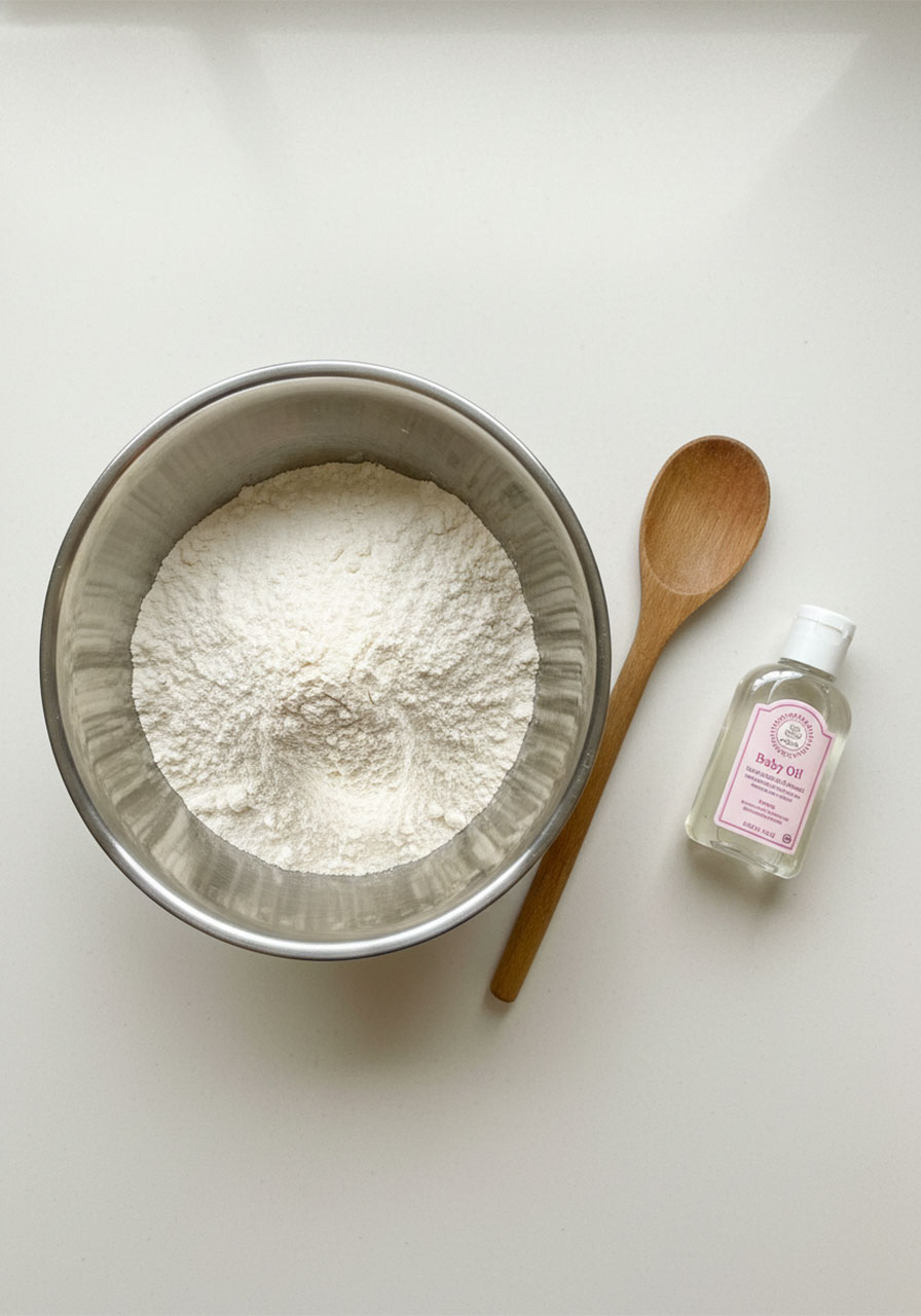 Two ingredients needed to make moon sand: a bowl of all-purpose flour and a bottle of baby oil