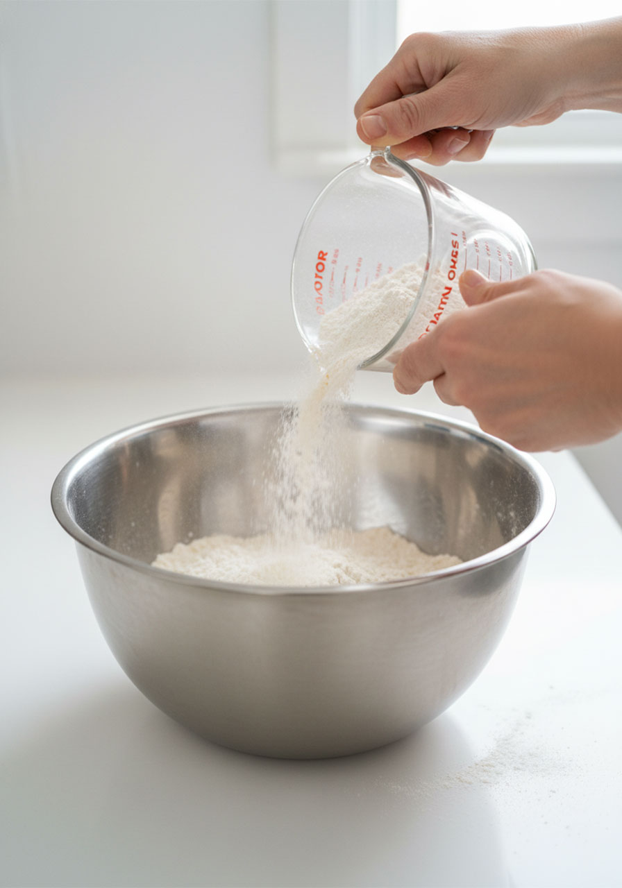 Pouring 8 cups of all-purpose flour into a large mixing bowl for moon sand recipe