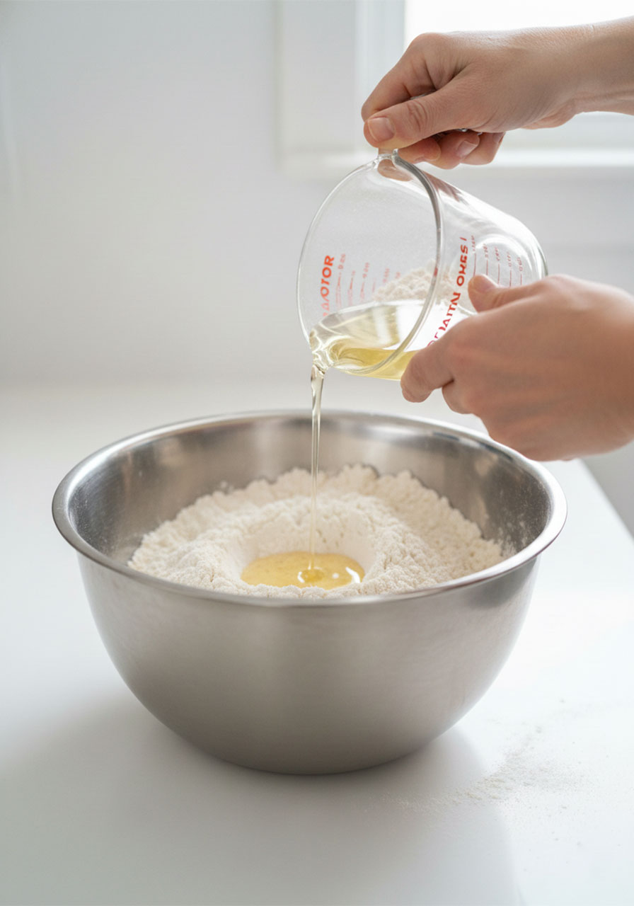 Pouring baby oil into flour to make homemade moon sand