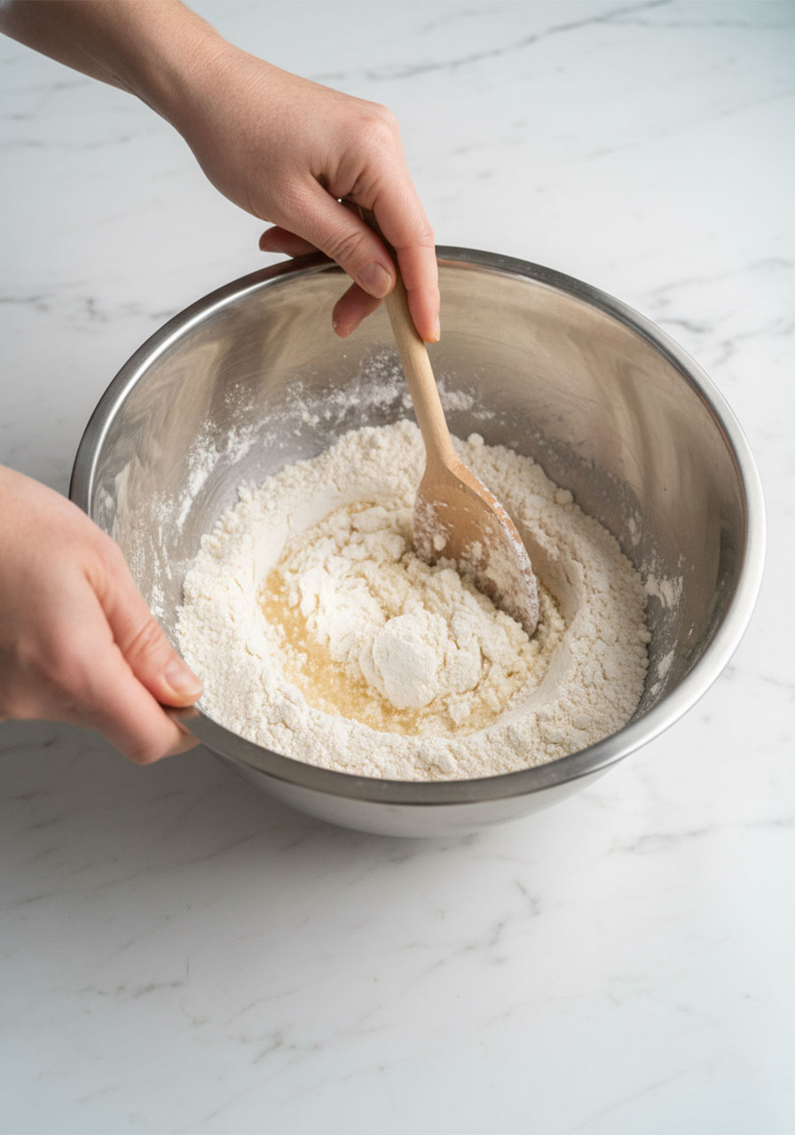 Mixing flour and baby oil together with a wooden spoon to make moon sand