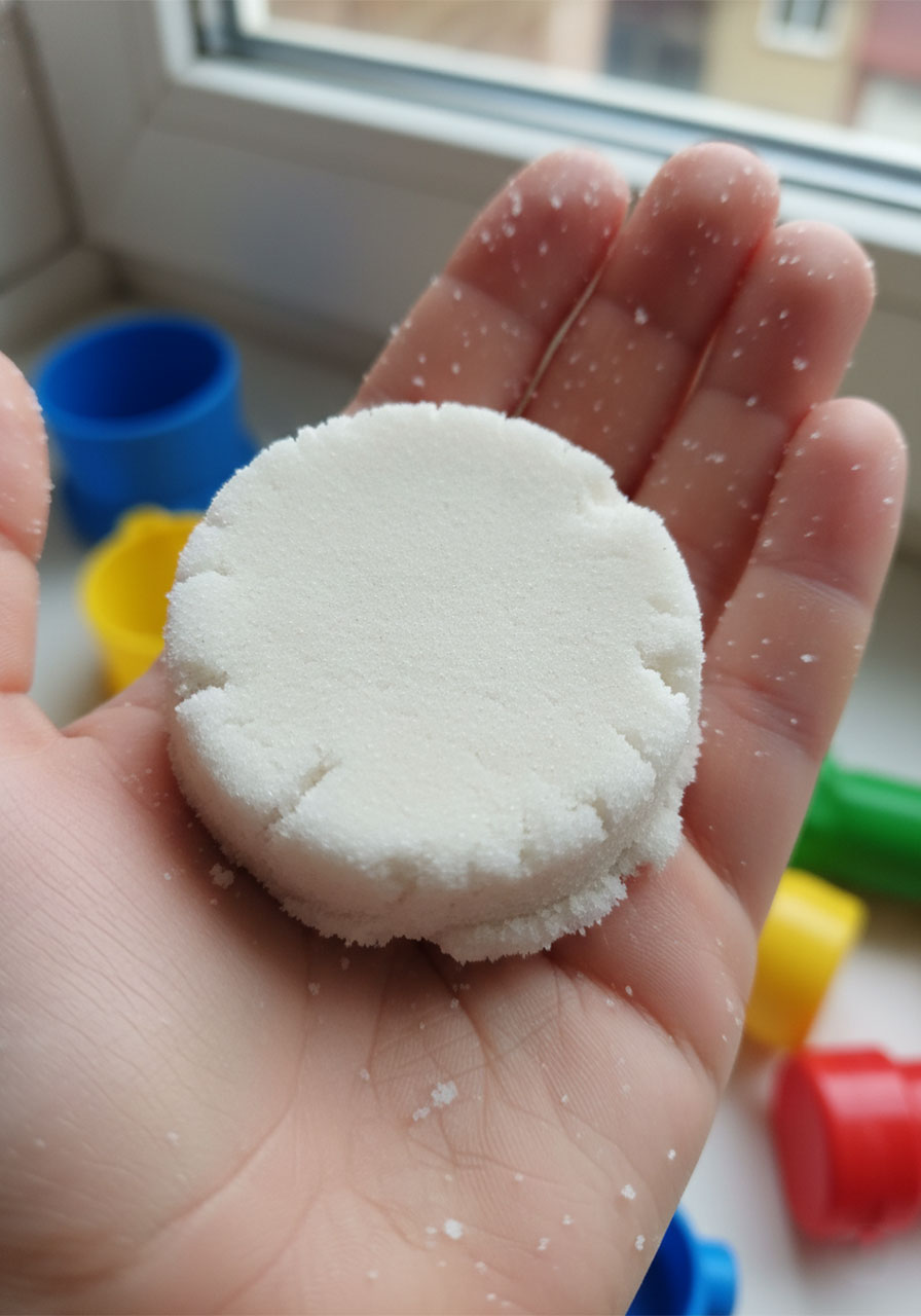 Hand squeezing homemade moon sand showing how it holds its shape