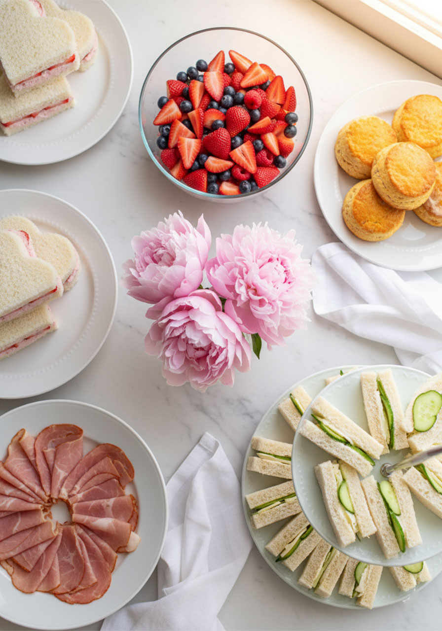Elegant Mother's Day brunch spread featuring strawberry tea sandwiches, scones, fruit salad, and ham on a marble surface