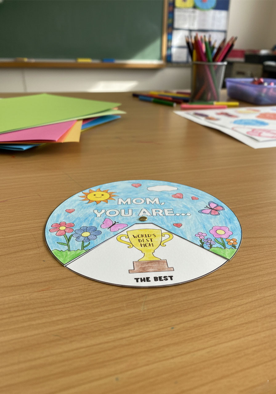 Completed Mother's Day spinner craft showing "Mom, You Are… The Best" with trophy illustration, colored in vibrant pencils on white cardstock